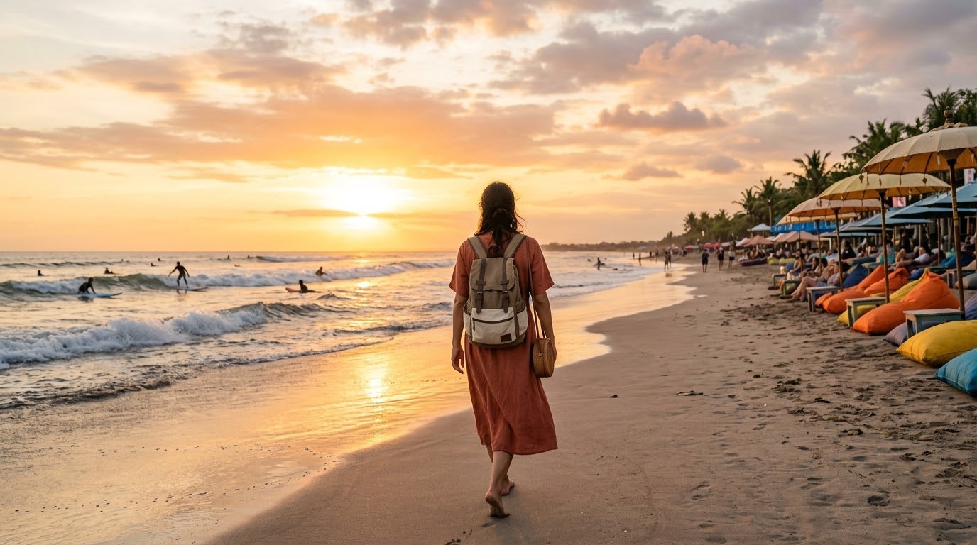 Solo traveller walking along Seminyak beach at sunset, Bali