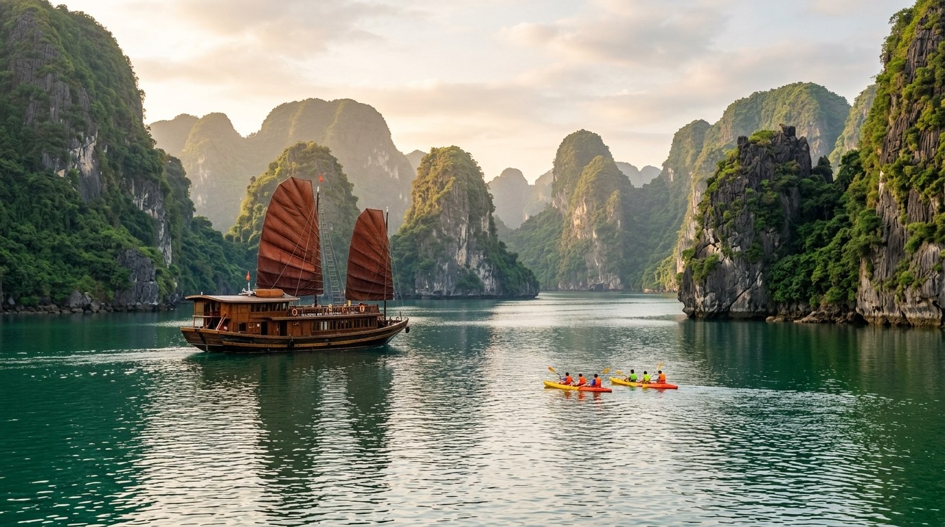 Cruise junk among karst islands in Ha Long Bay on a Vietnam itinerary