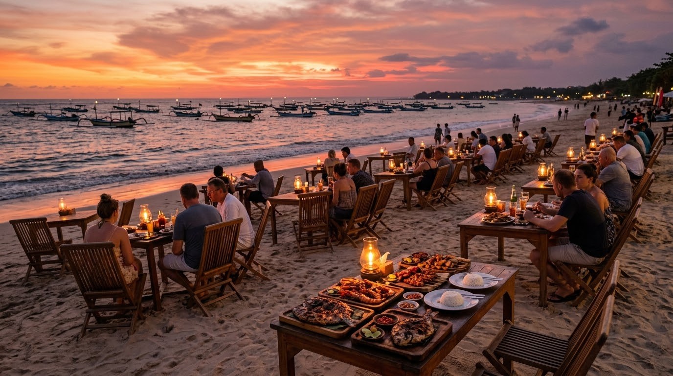 Sunset seafood dinner on the sand at Jimbaran Bay, Bali