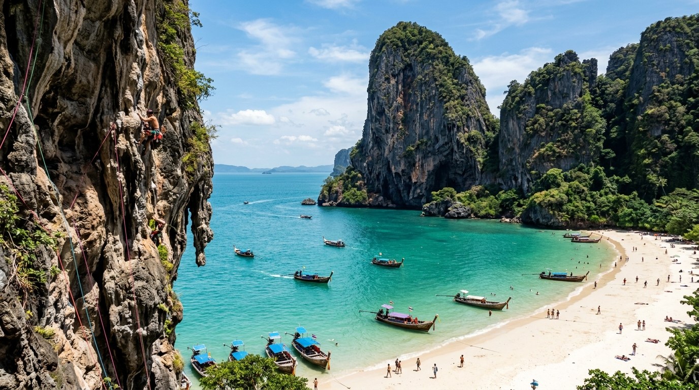 Climbers on limestone cliffs above Railay beach with longtail boats, Krabi
