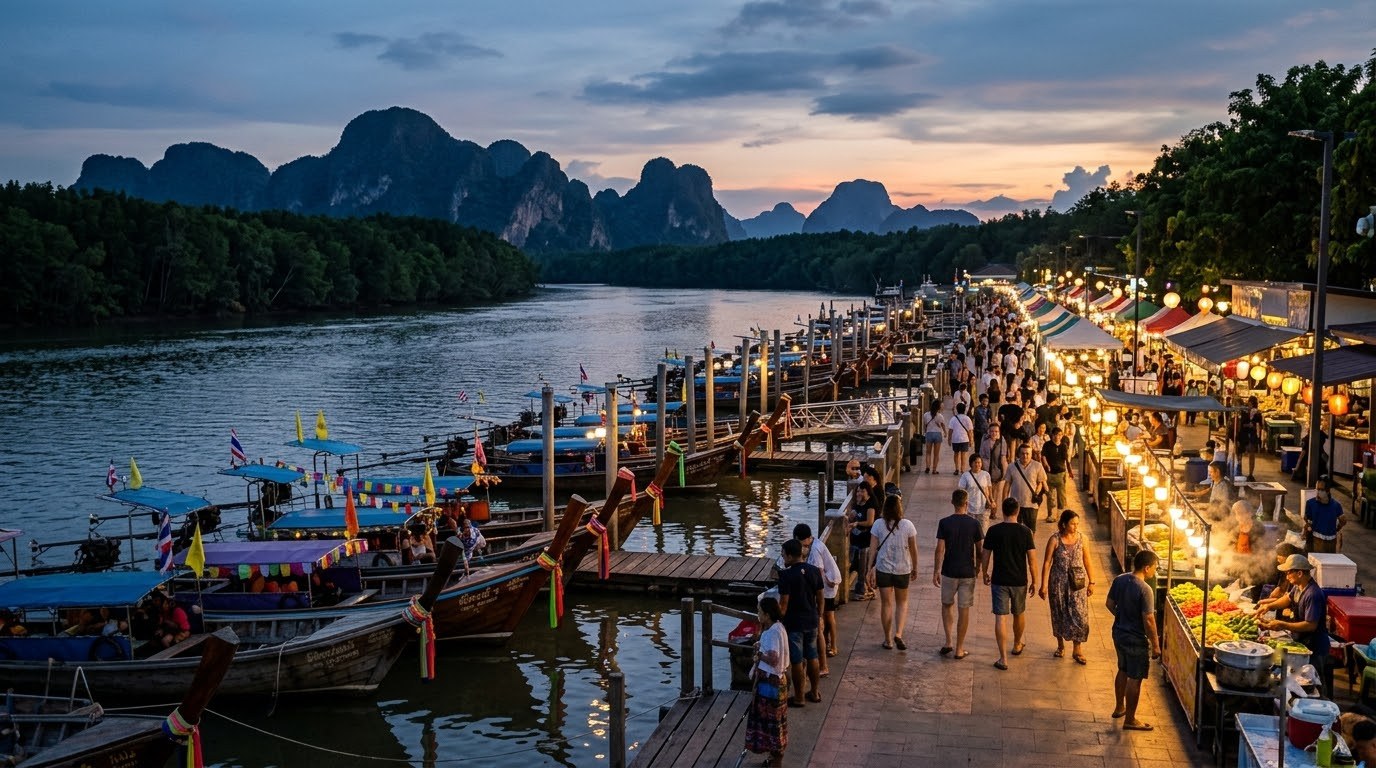 Night market stalls along the Krabi Town riverfront at dusk