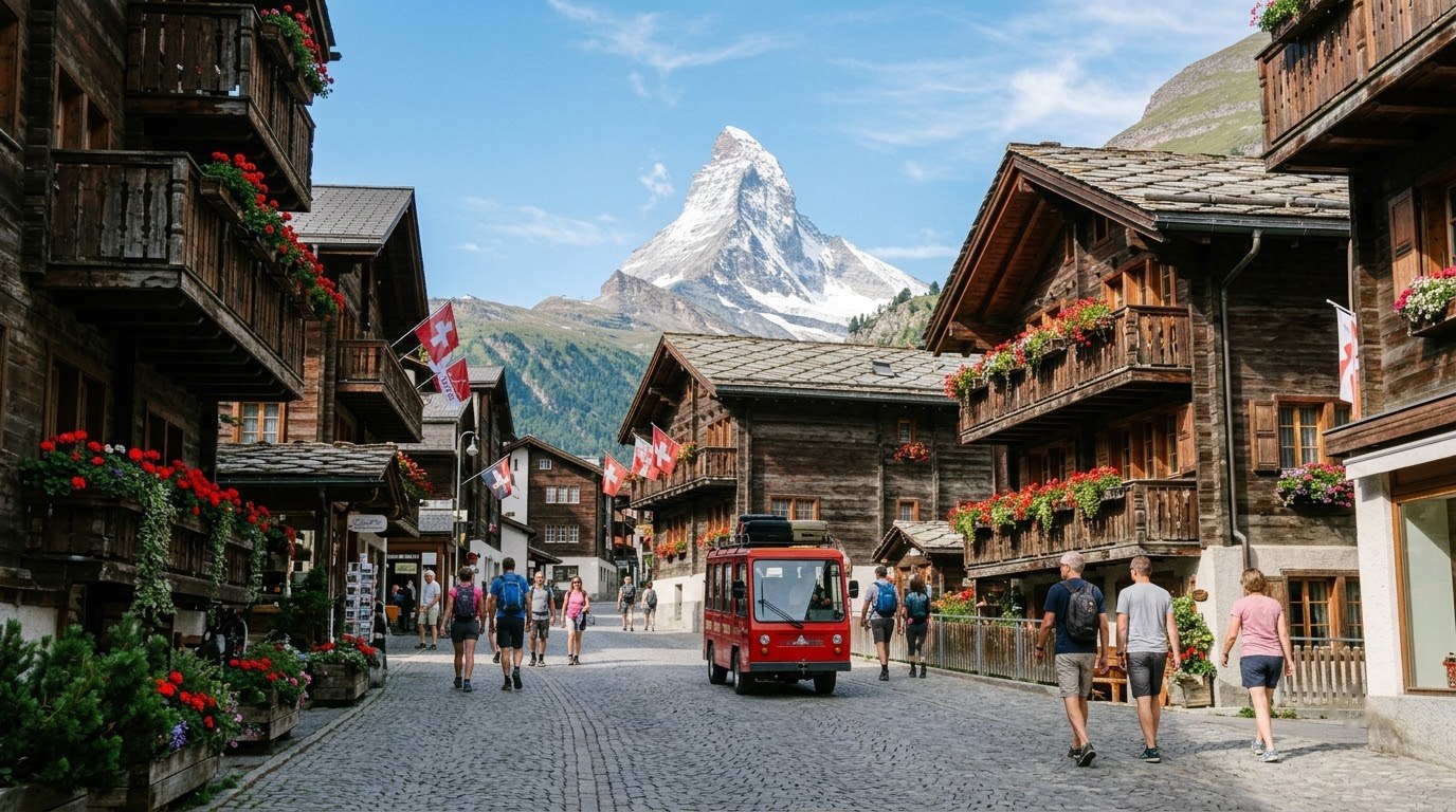 Car-free Zermatt street with wooden chalets and the Matterhorn above