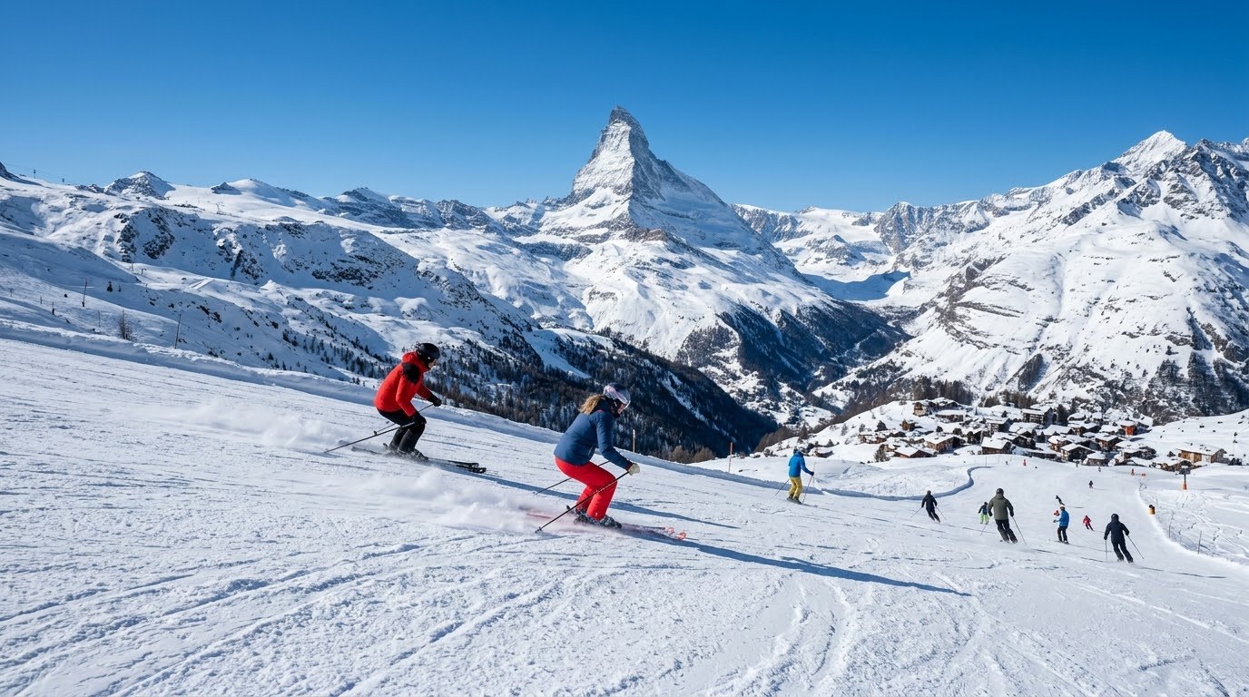 Skiers on a groomed slope below the Matterhorn in Zermatt