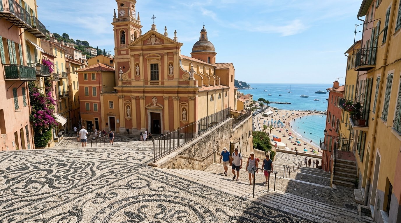 Basilica Saint-Michel and its mosaic square in Menton old town