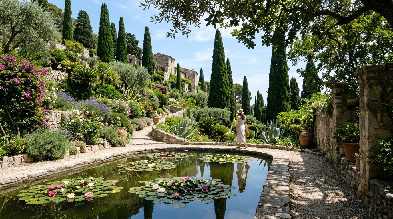 Reflecting pool and terraced plantings at Serre de la Madone garden, Menton
