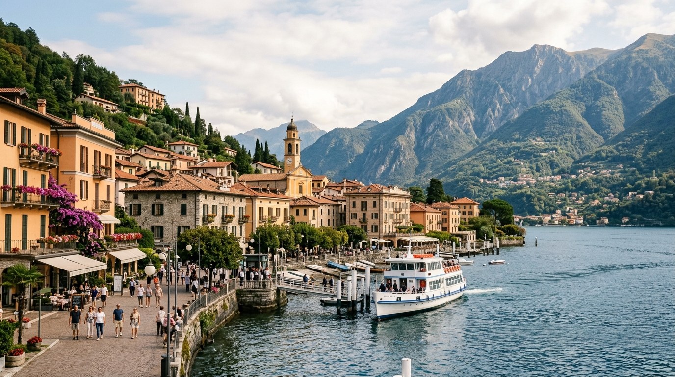 Bellagio waterfront villas and arriving ferry on Lake Como, Italy