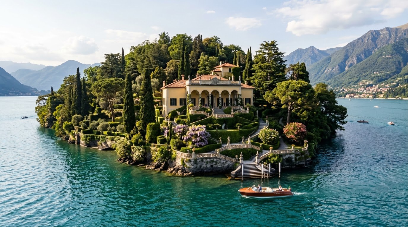 Villa del Balbianello on its wooded promontory above Lake Como