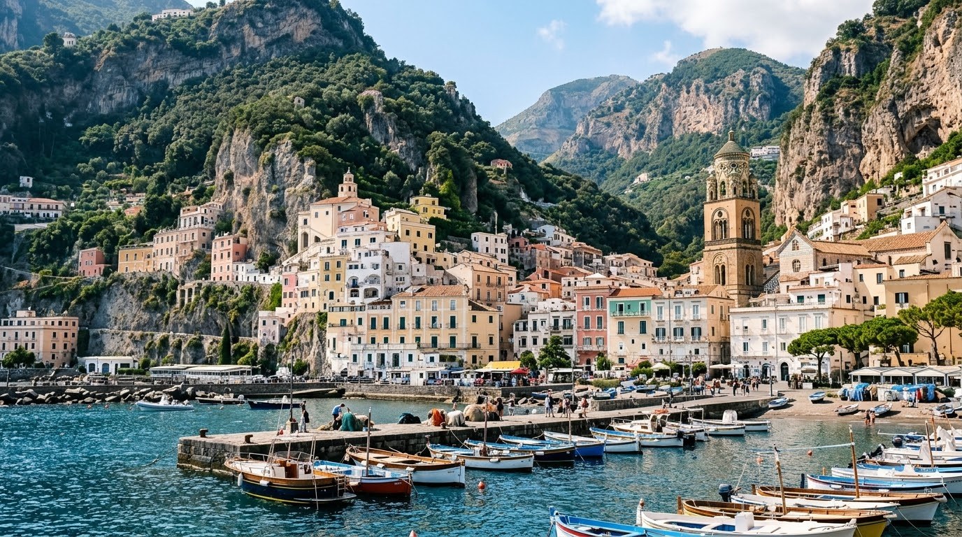 Pastel buildings of Amalfi town above the harbour, Amalfi Coast