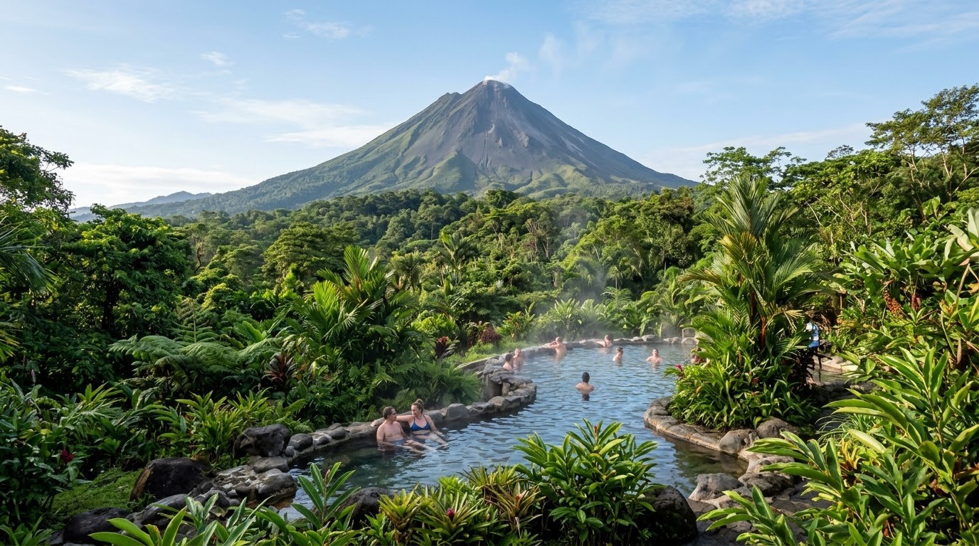 Arenal Volcano above a steaming hot spring near La Fortuna, Costa Rica