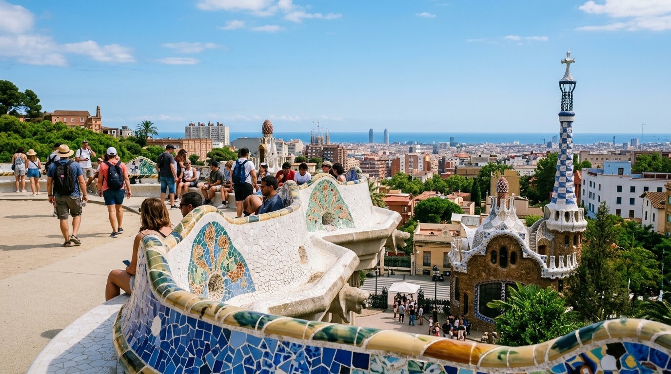 Mosaic bench and gatehouses at Park Guell, Barcelona
