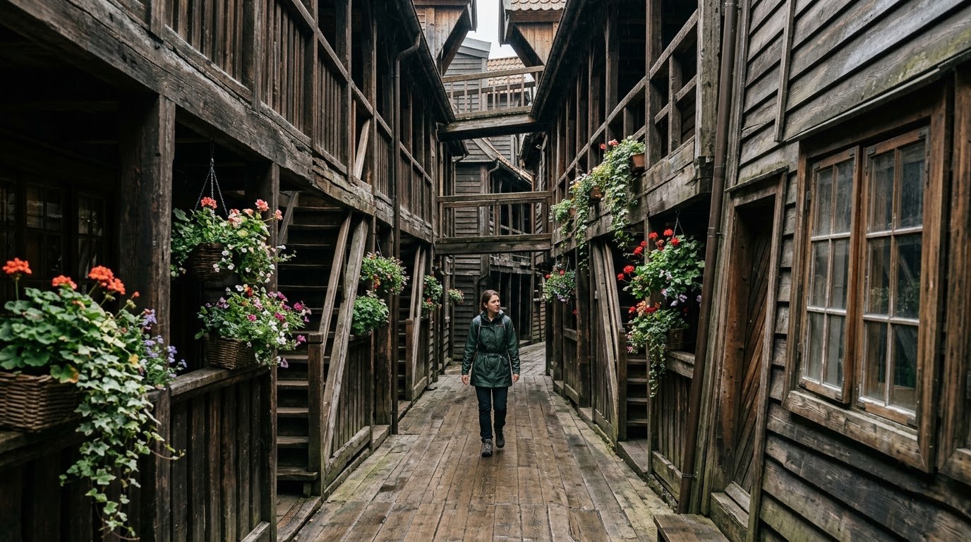 Weathered timber passageway inside the UNESCO Bryggen wharf in Bergen