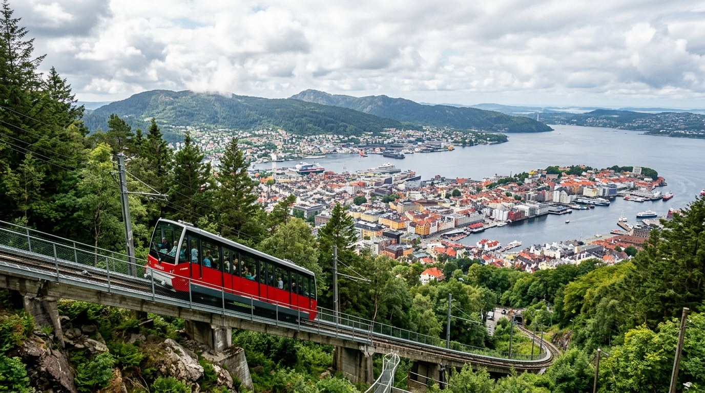 Floibanen funicular climbing Mount Floyen above Bergen harbour
