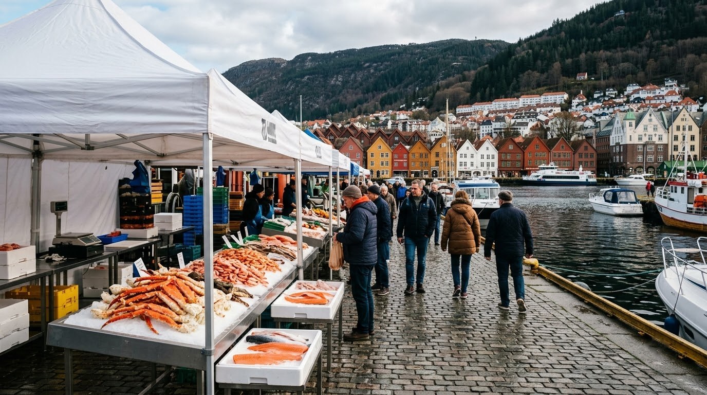 King crab and salmon stalls at the Bergen Fish Market at Torget