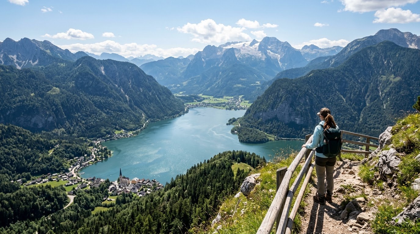 Panoramic view over Salzkammergut lakes and mountains near Hallstatt, Austria