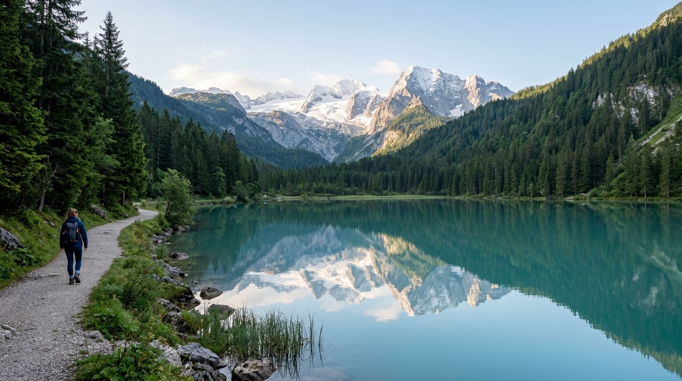 Gosausee reflecting the Dachstein massif, a day trip from Hallstatt