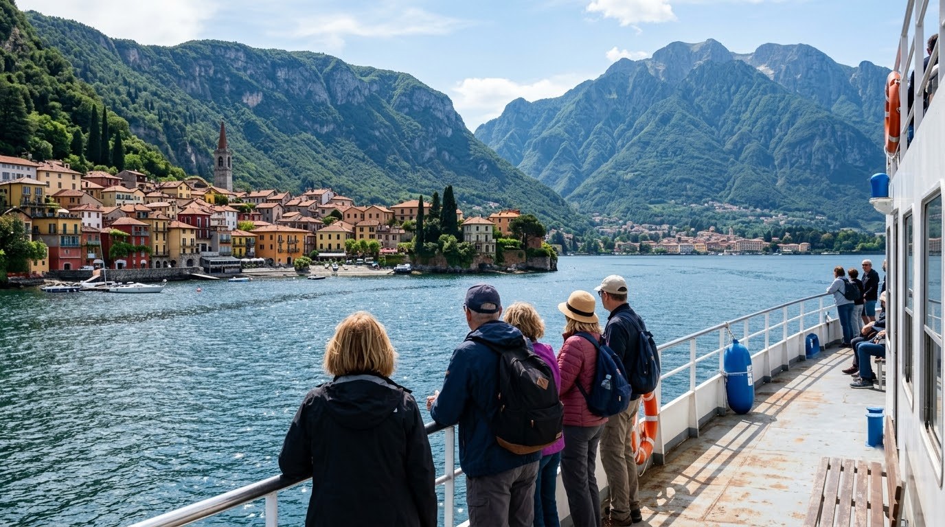 Ferry near Varenna with colourful houses on Lake Como, Italy