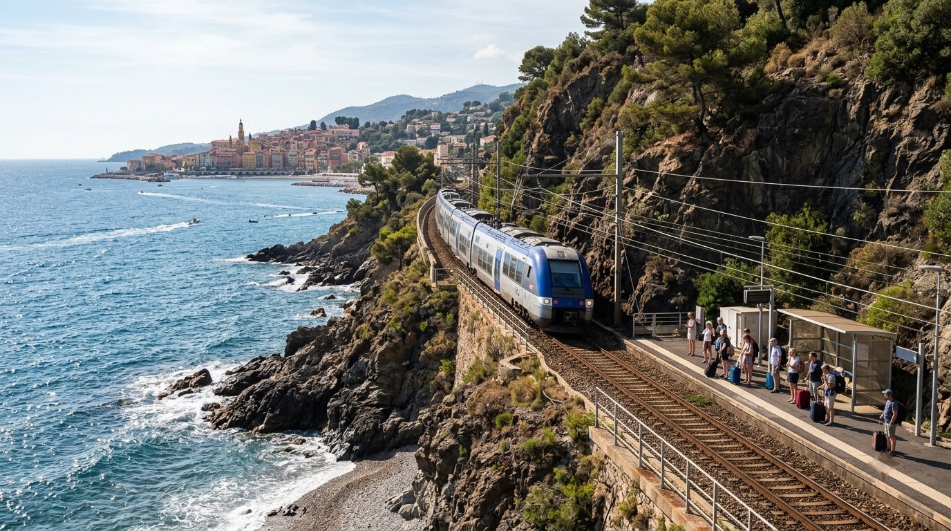 Coastal regional train near Menton for day trips along the French Riviera