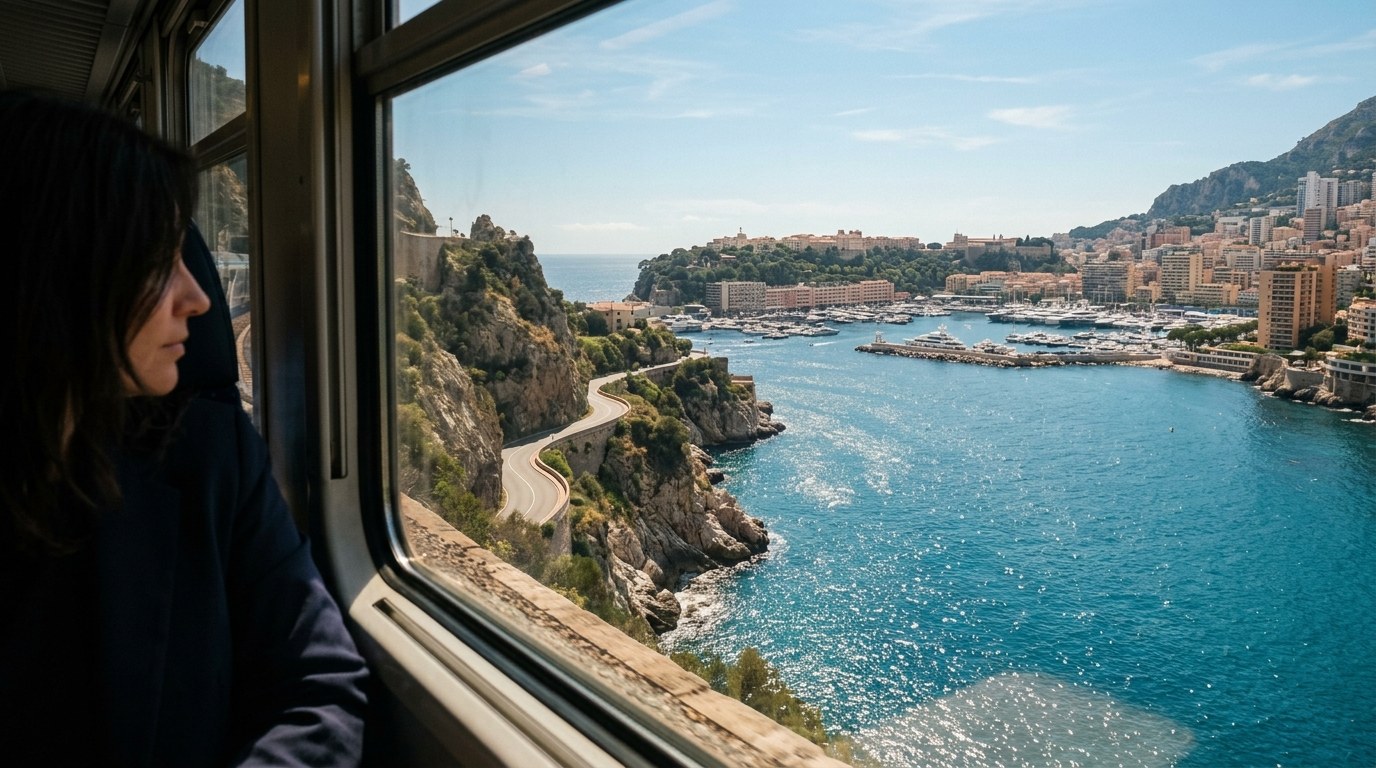 Train window view approaching Monaco on the short ride from Menton