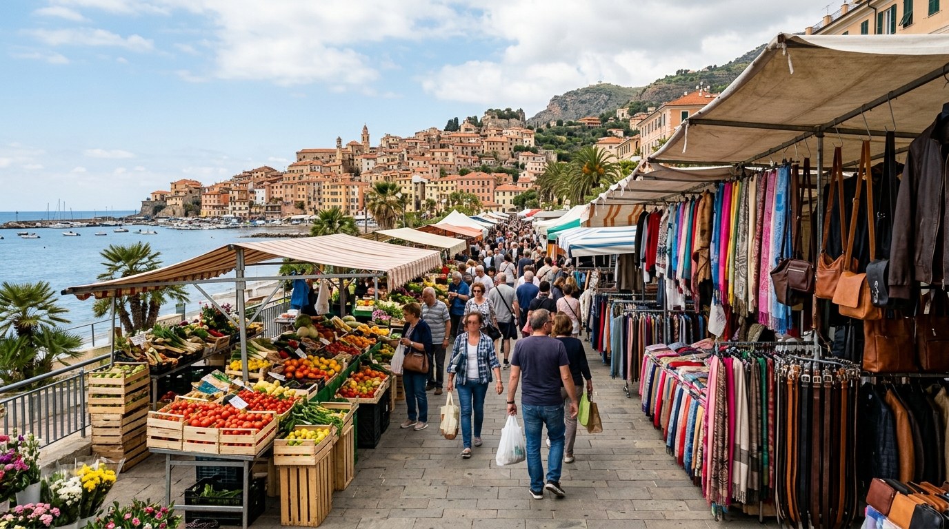 Ventimiglia Friday market stalls on the seafront, a day trip from Menton