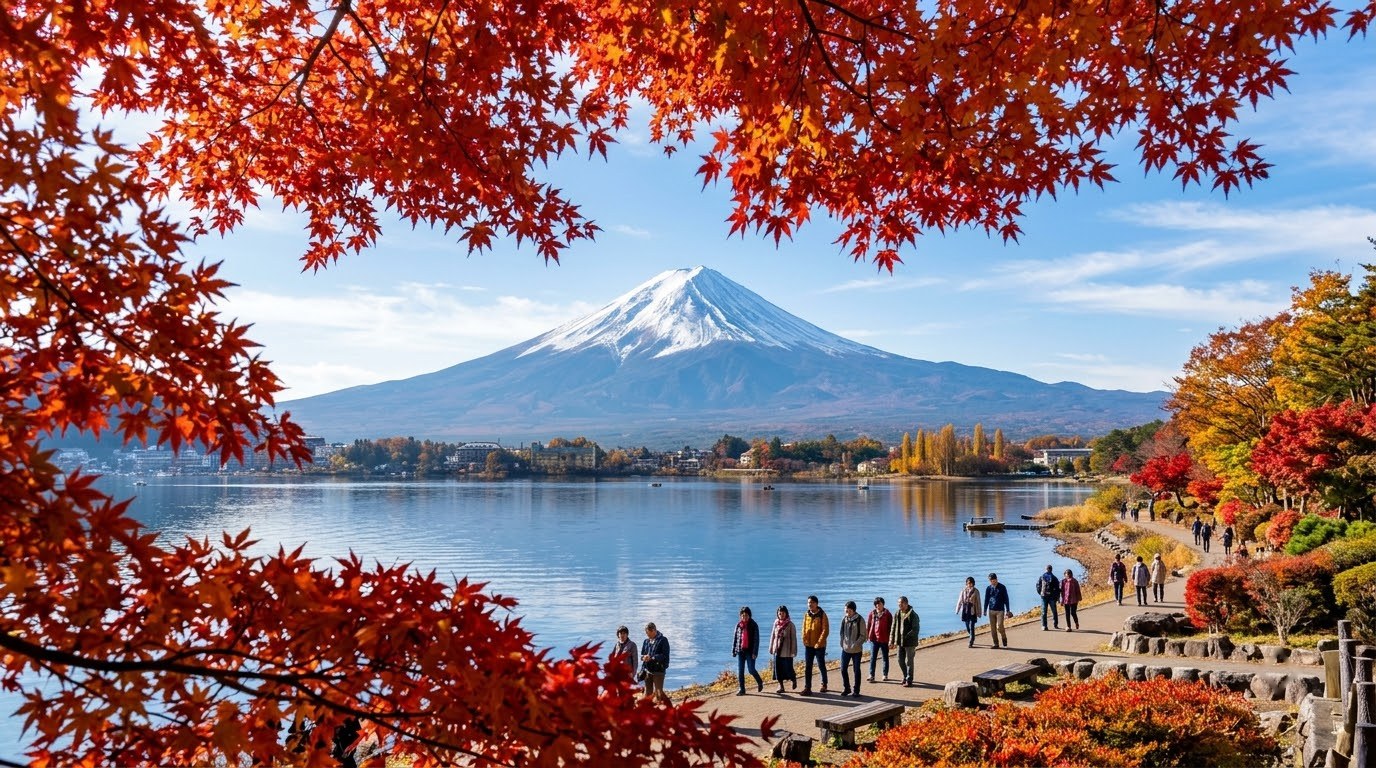 Mount Fuji over Lake Kawaguchiko in autumn, a day trip from Tokyo