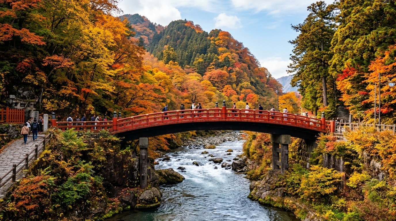 Red Shinkyo bridge in autumn at Nikko, a full-day trip from Tokyo