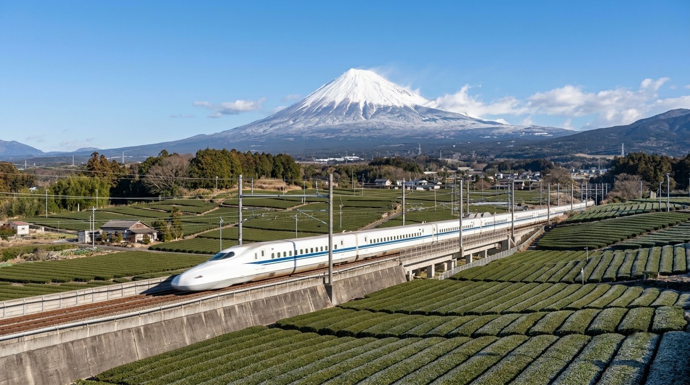 Shinkansen bullet train passing Mount Fuji on the way from Tokyo to Kyoto