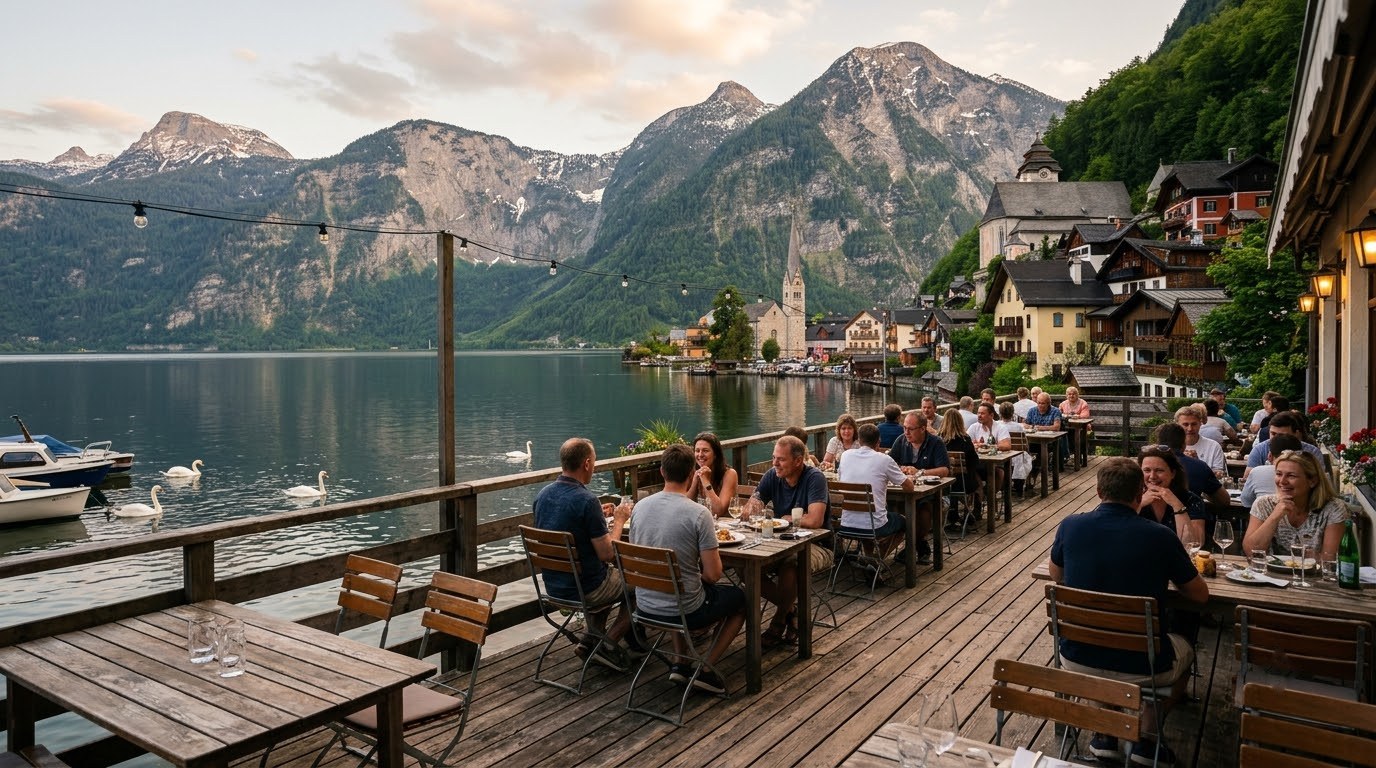 Lakeside restaurant terrace with church spire and mountains in Hallstatt