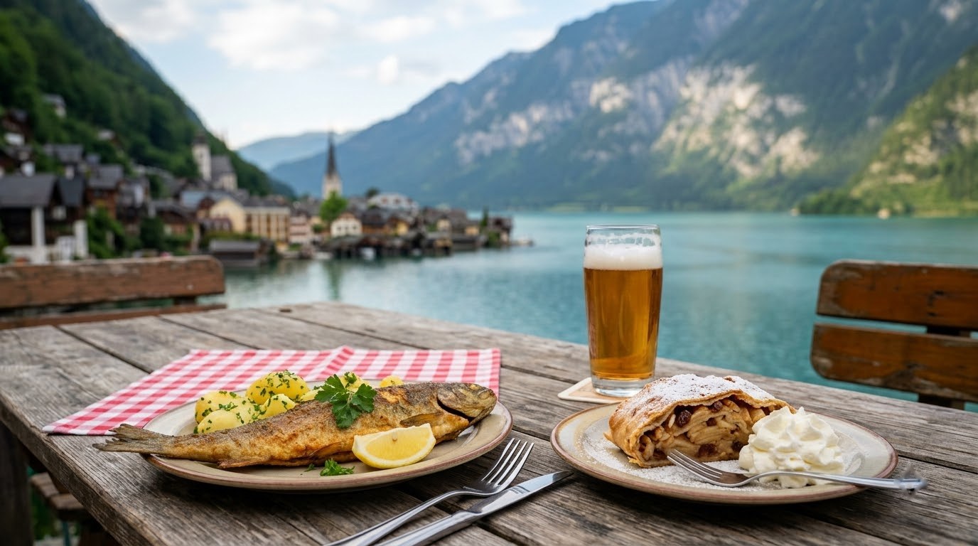 Reinanke whitefish and apple strudel, must-try dishes in Hallstatt, Austria
