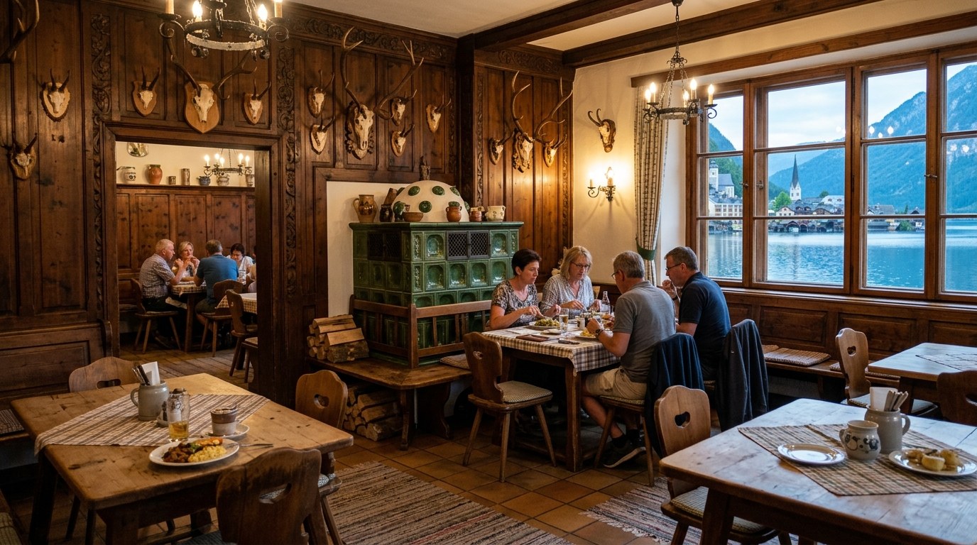 Wood-panelled traditional gasthaus dining room with lake view in Hallstatt