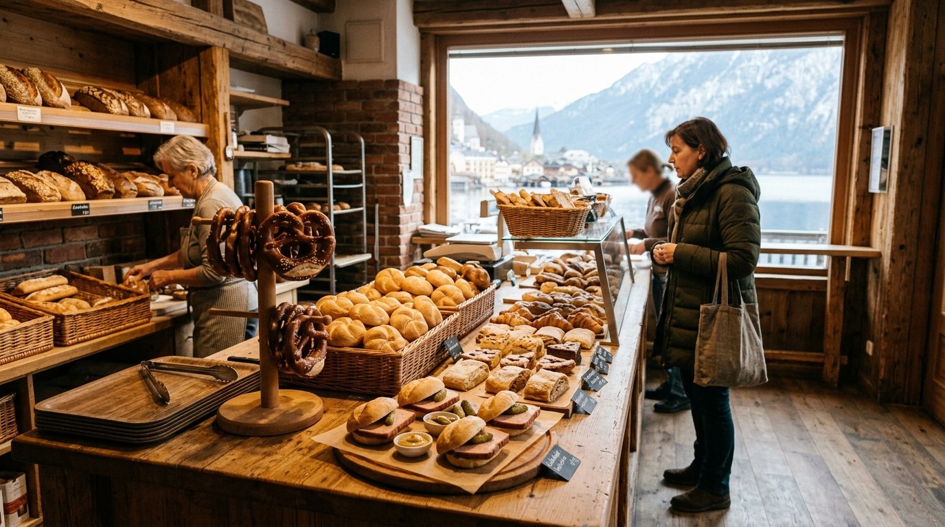 Pretzels and sandwiches at a bakery counter for budget eating in Hallstatt