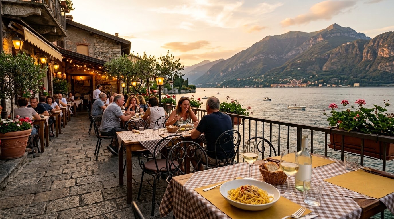Lakeside trattoria terrace at Varenna on Lake Como at golden hour