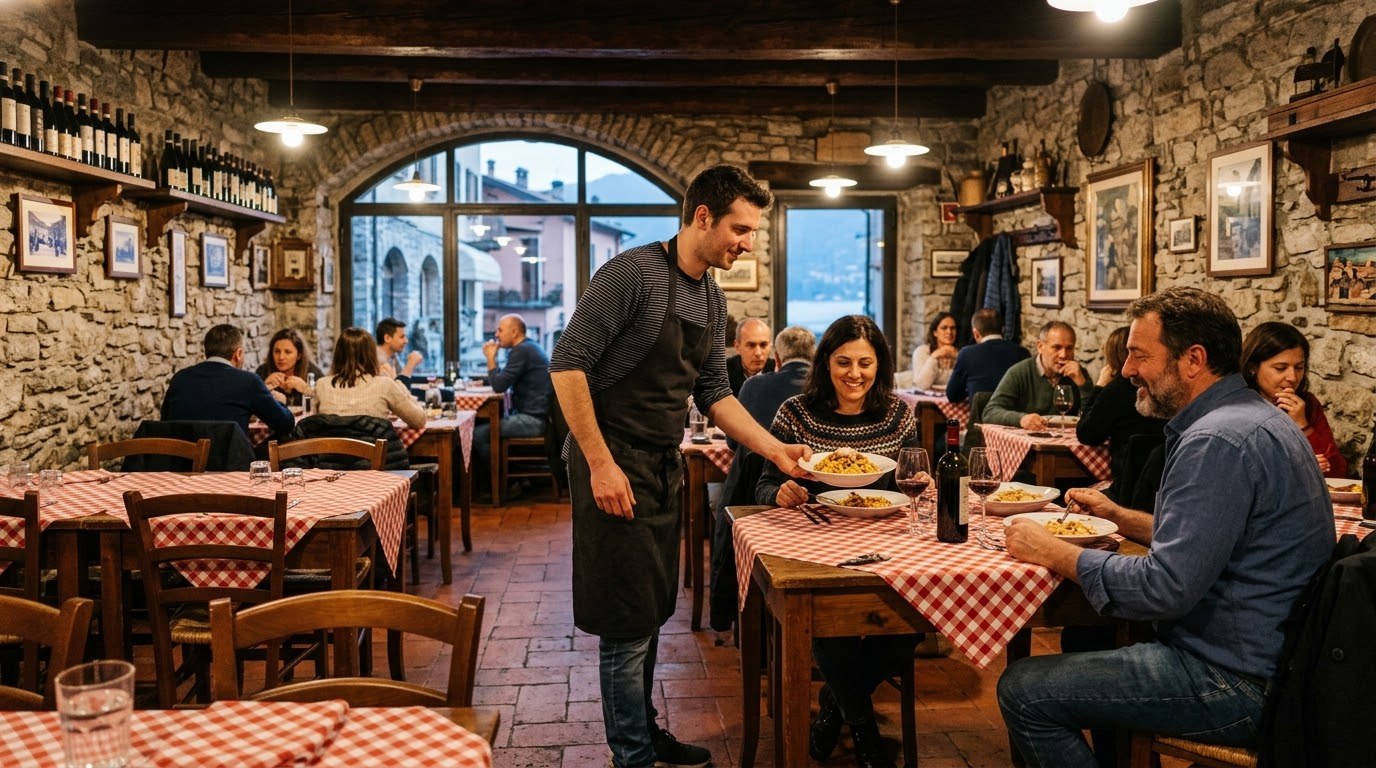 Cosy stone-walled osteria with checked tablecloths on Lake Como