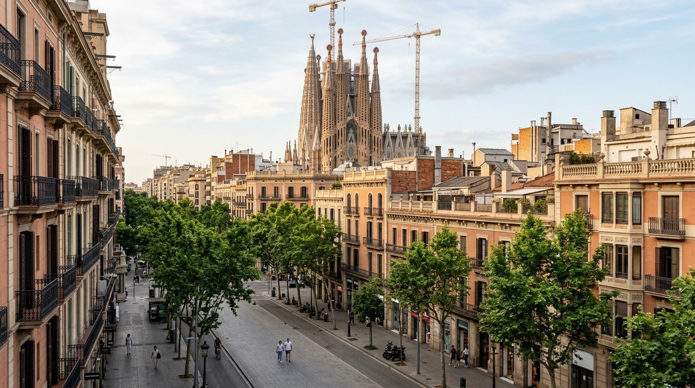 Sagrada Familia towers above Barcelona rooftops on a sunny morning