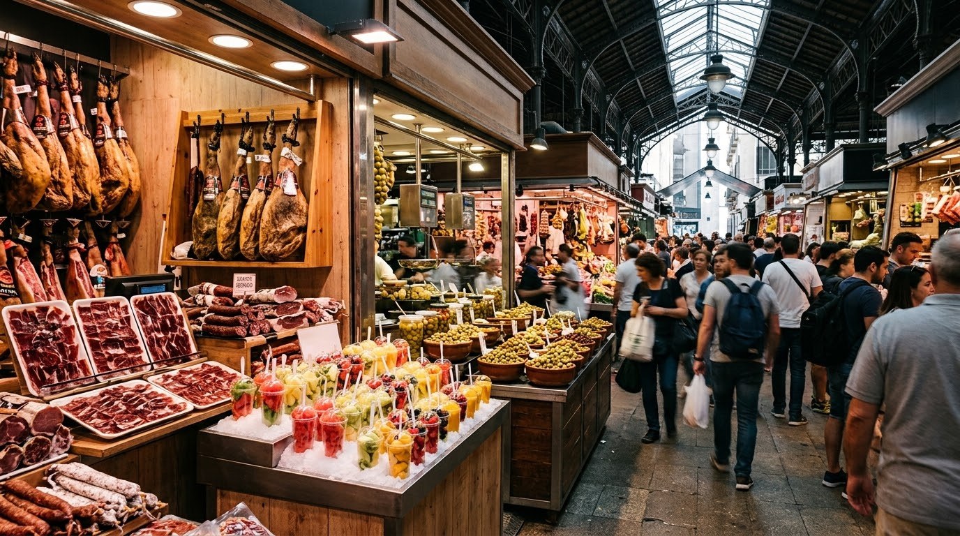 Jamon and fruit stalls inside La Boqueria market in Barcelona