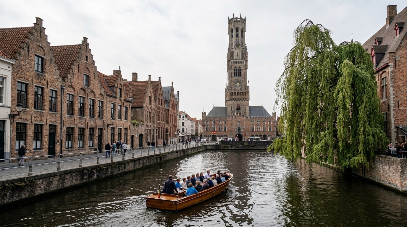 Canal boat tour passing brick houses and the Belfry in Bruges