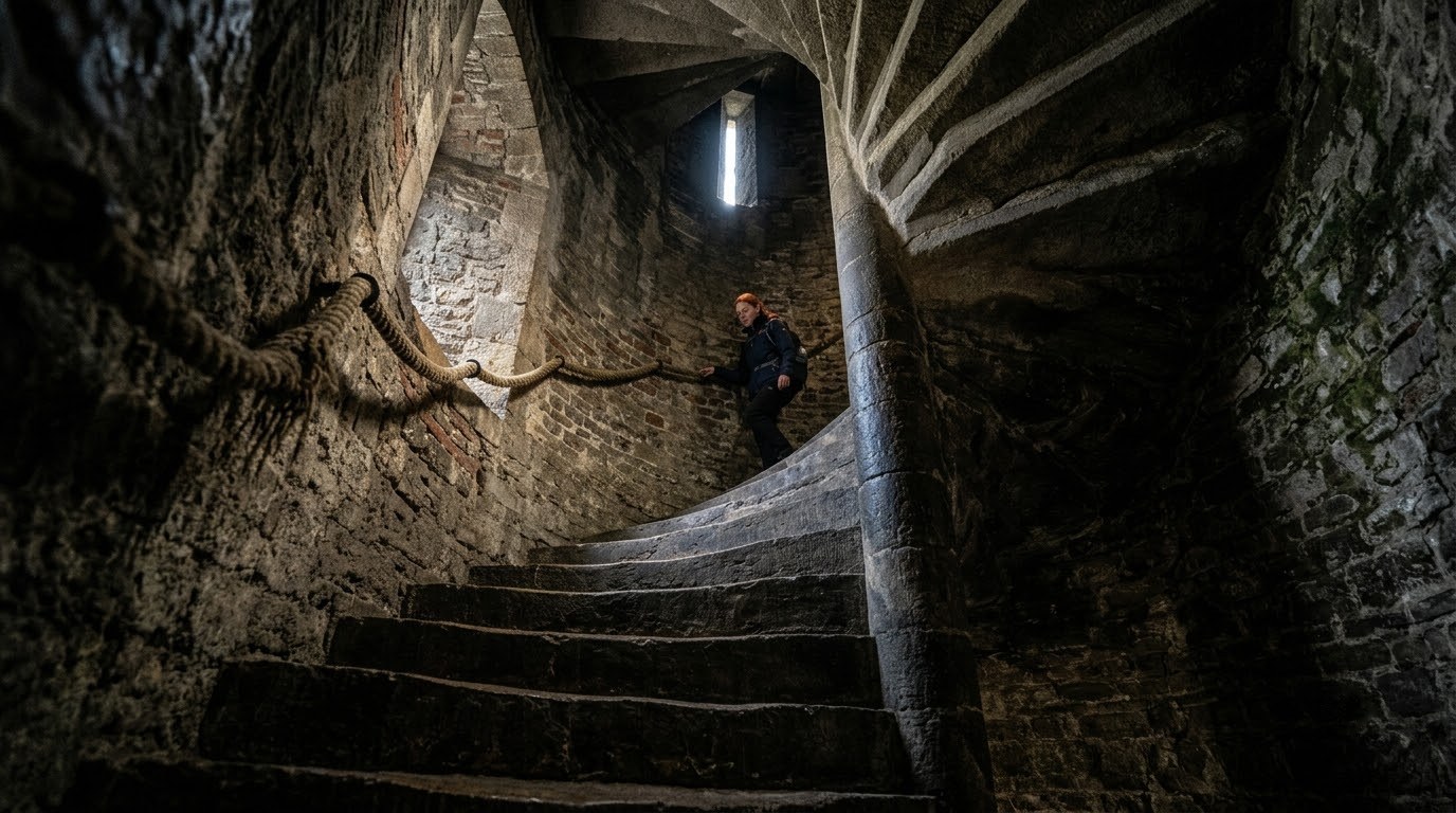 Narrow spiral staircase inside the Belfry tower of Bruges