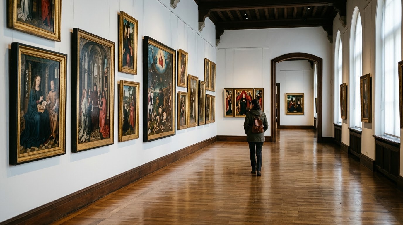 Flemish Primitive paintings in a gallery of the Groeninge Museum, Bruges