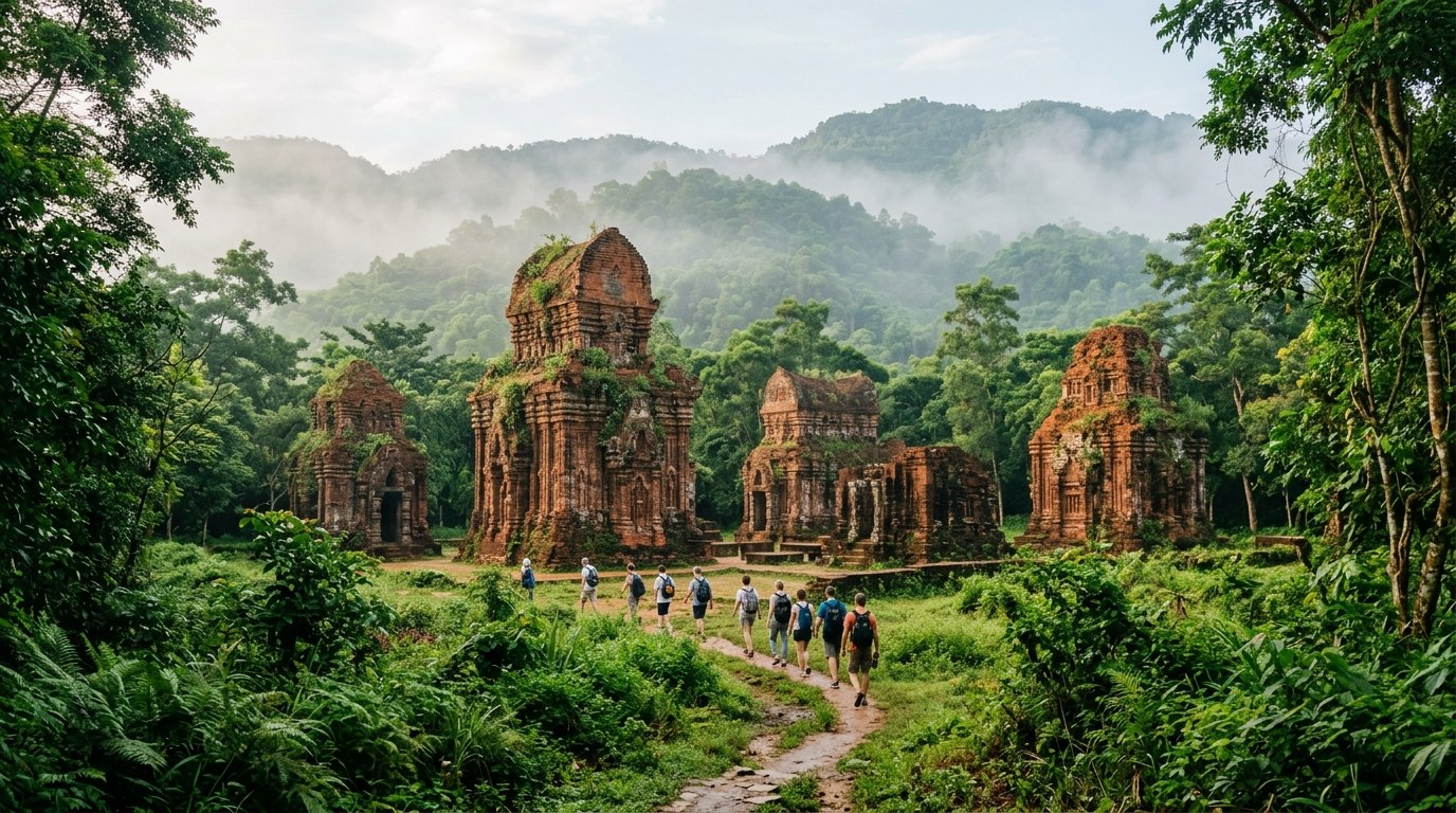 Red-brick Cham temple towers at My Son Sanctuary on a day trip from Hoi An