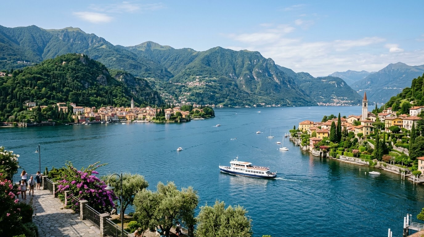 Panoramic view of Lake Como with ferry and lakeside villages