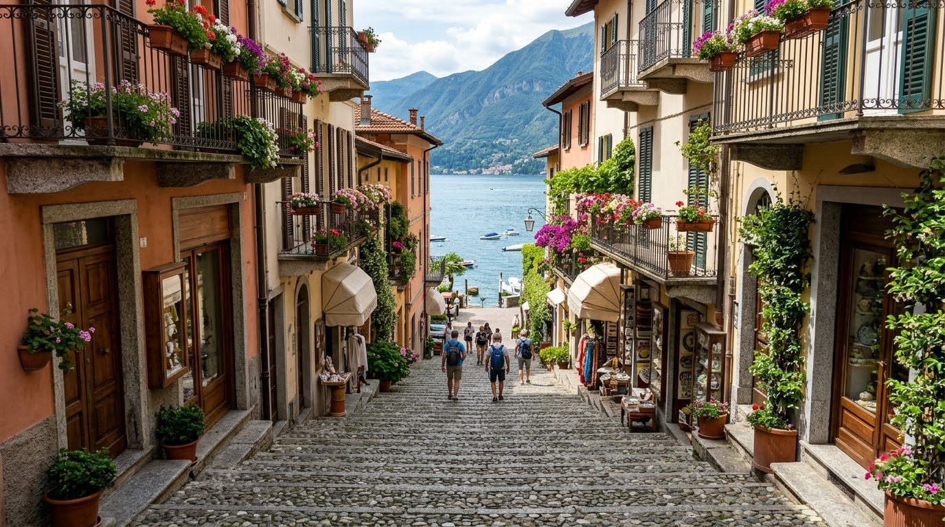 Stepped cobbled lane in Bellagio leading down to Lake Como