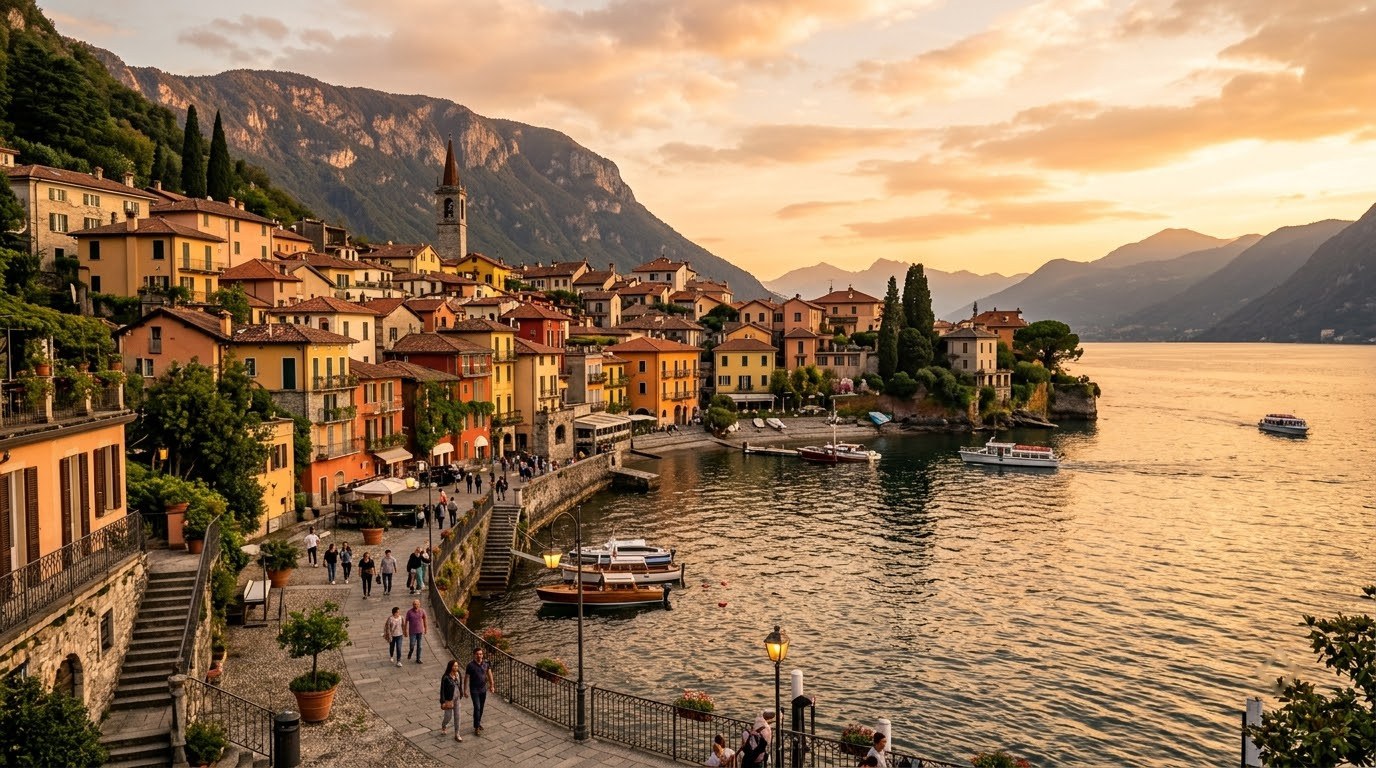 Pastel houses and lakeside walkway of Varenna on Lake Como