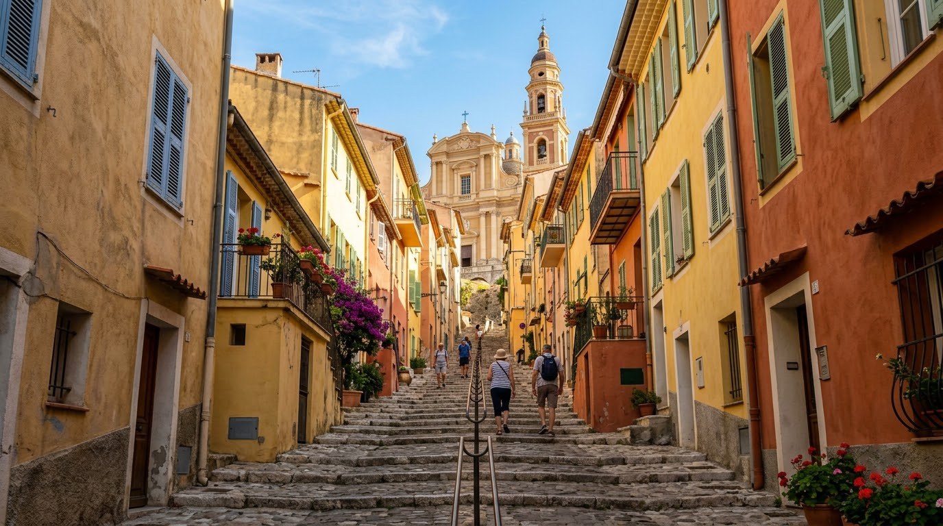 Colourful old town houses and Saint-Michel basilica in Menton