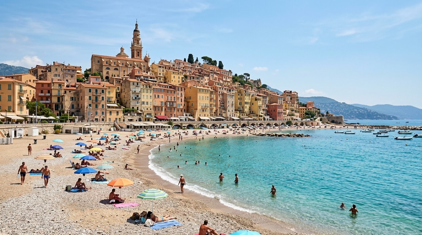 Plage des Sablettes beach below Menton's pastel old town