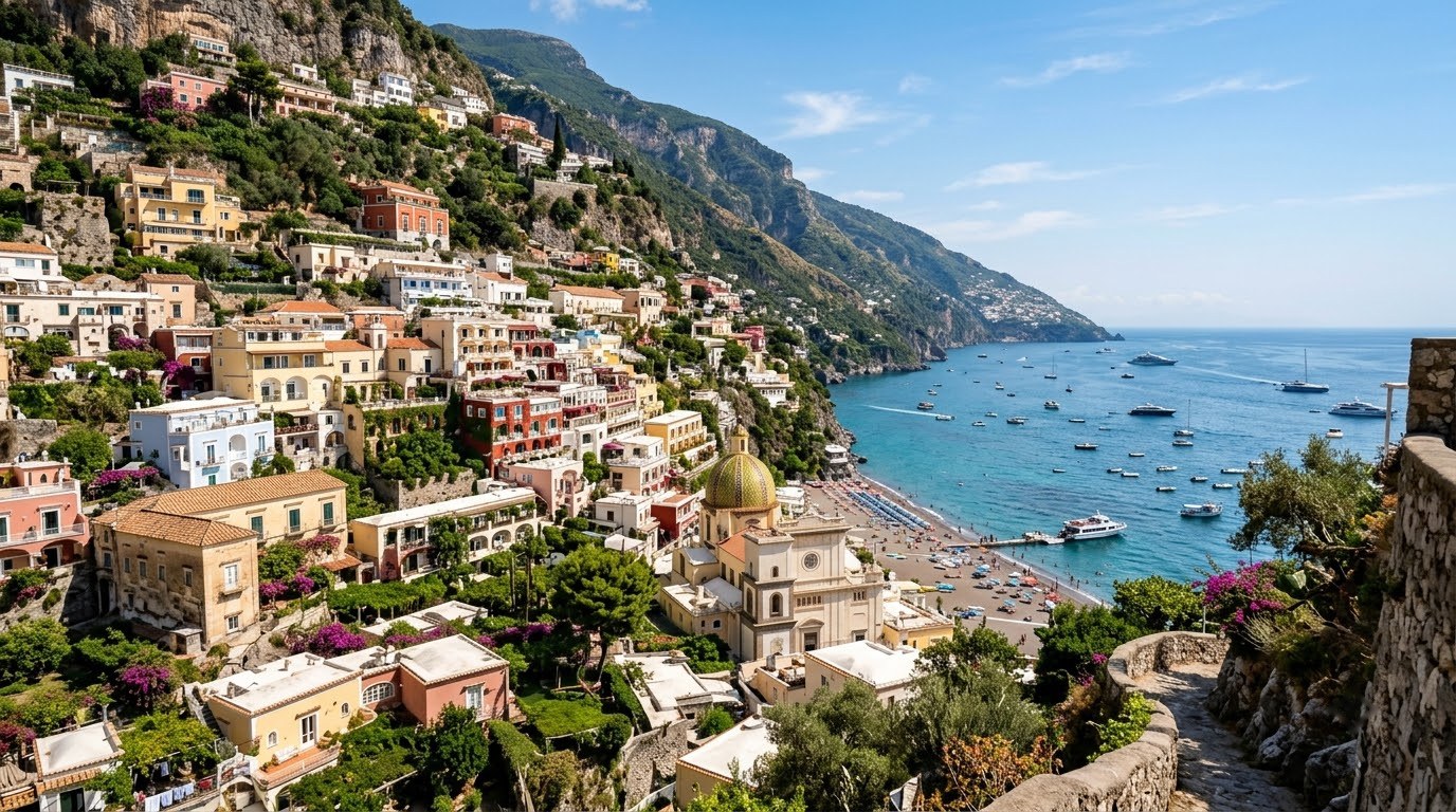Positano houses cascading down the cliff to the sea on the Amalfi Coast