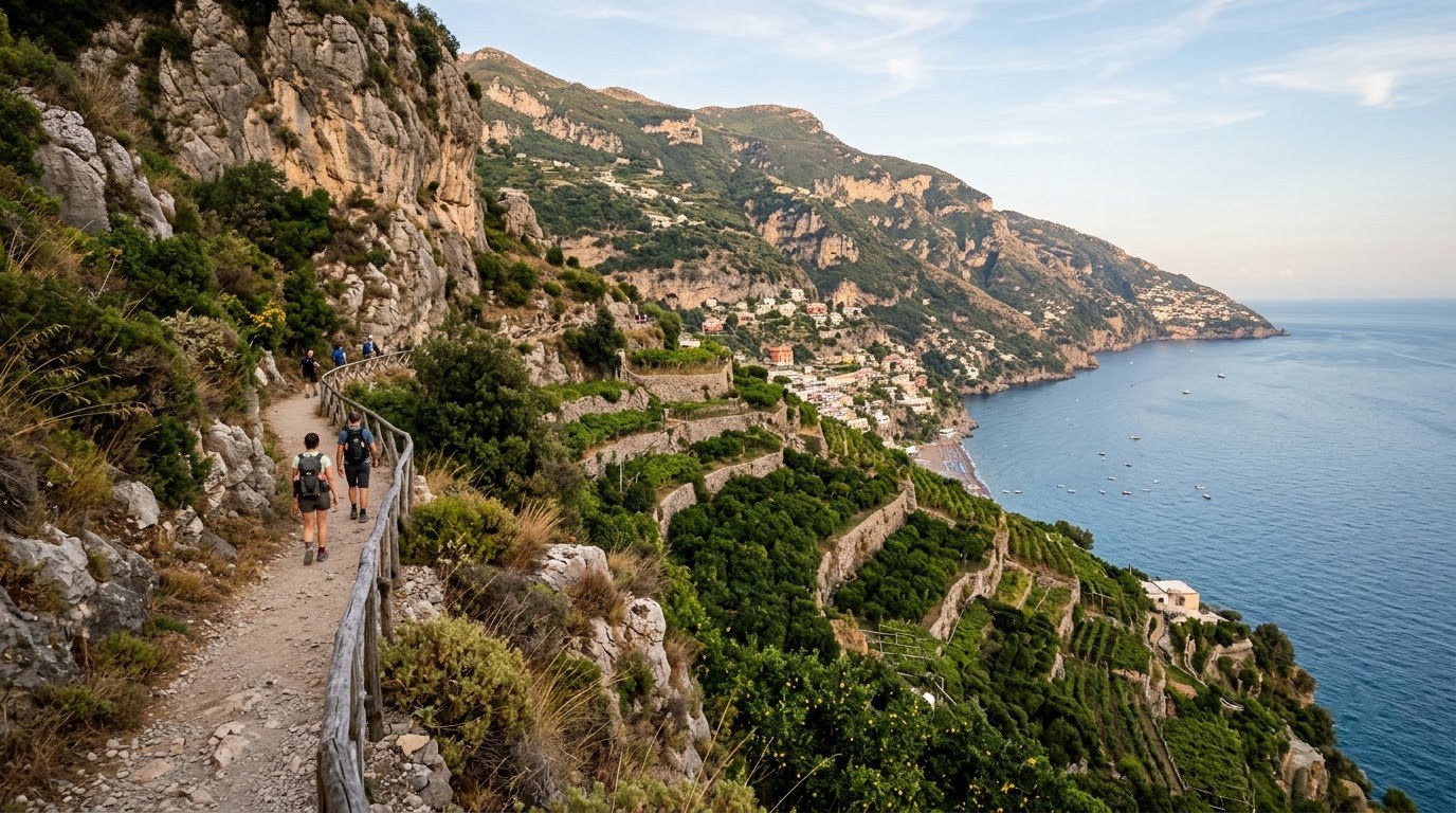 Path of the Gods trail high above Positano on the Amalfi Coast