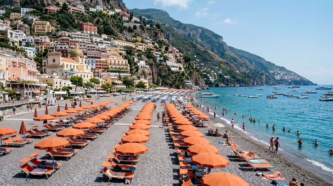 Spiaggia Grande beach in Positano with loungers and the village behind