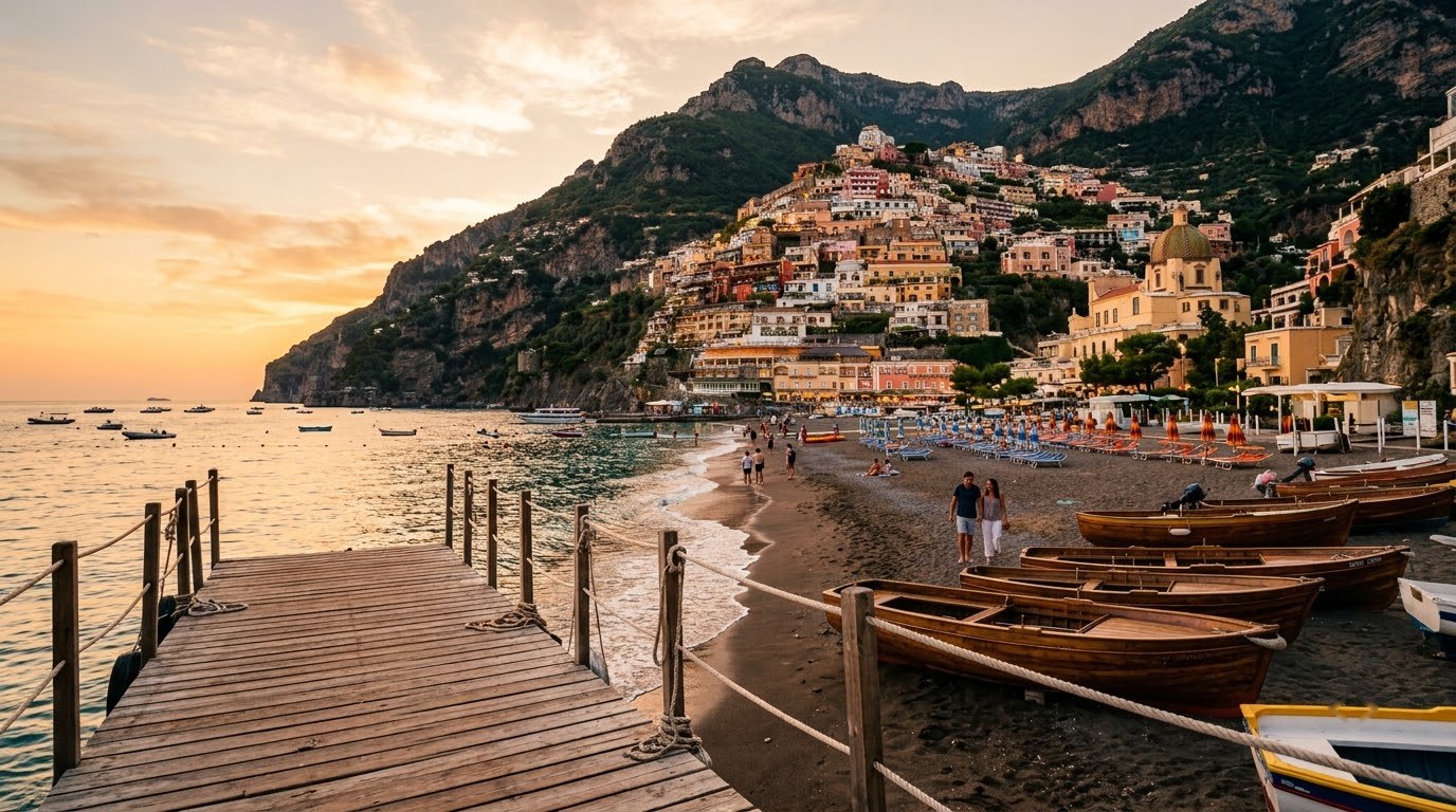 Golden hour on Spiaggia Grande beach in Positano with wooden boats