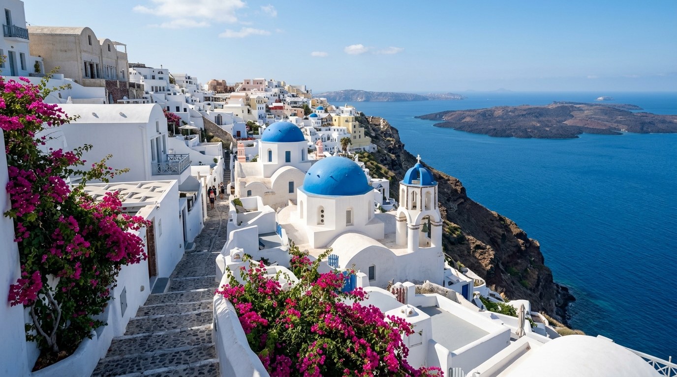 Blue-domed churches of Oia above the caldera in Santorini