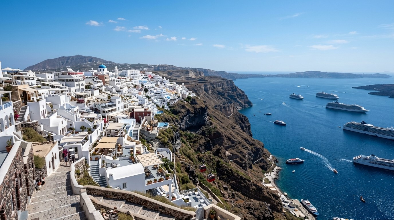 Fira town on the caldera rim of Santorini with boats below