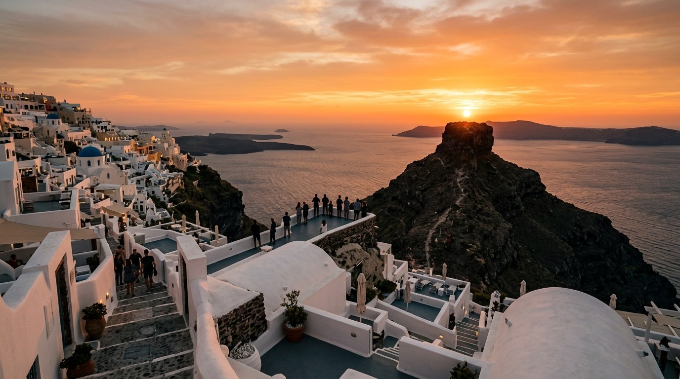 Sunset over Skaros Rock seen from Imerovigli in Santorini
